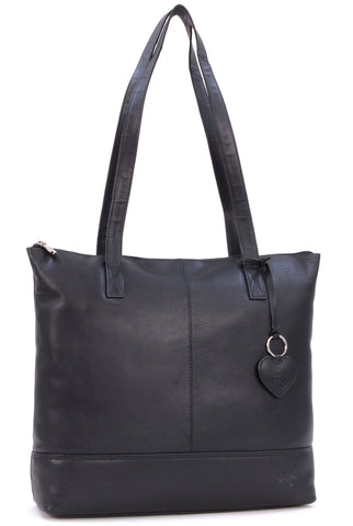 Gigi -- Women's Large Leather Tote - Shopper/Shoulder Bag - OTHELLO 9101 - with heart keyring charm - Black