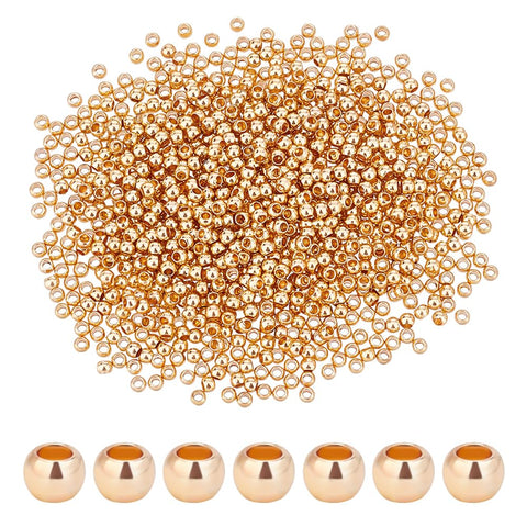 PH PandaHall 1000pcs 2mm 14K Gold Plated Brass Beads Long-Lasting Round Smooth Spacer Beads Seamless Loose Ball Beads Gold Metal Beads for Summer Hawaii Necklaces, Bracelets, Earring Making