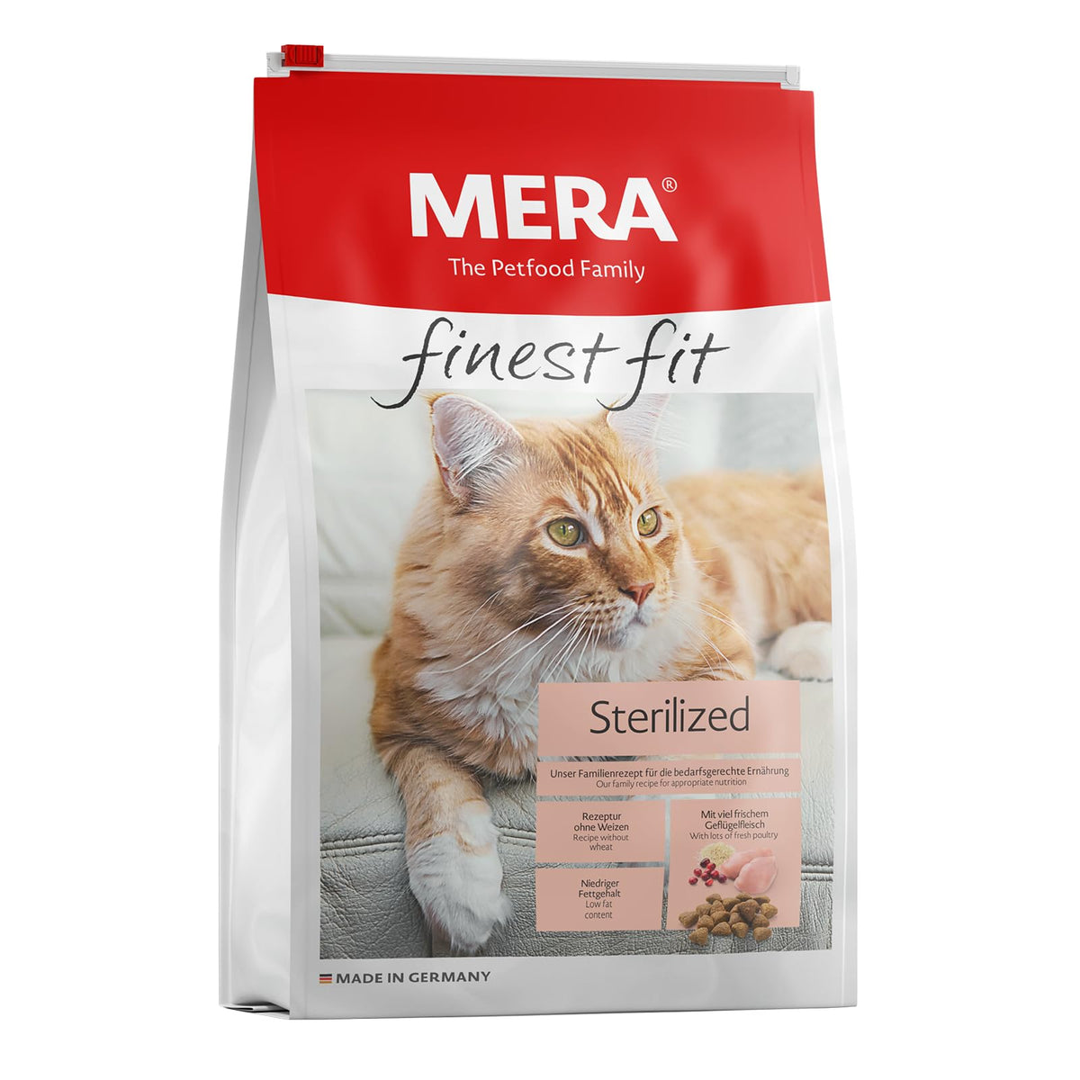 MERA Finest Fit Sterilised Dry Cat Food for Sterilised or Castered Cats, Dry Food Made of Fresh Poultry and Rice, Low-Fat Food without Sugar (4 kg)