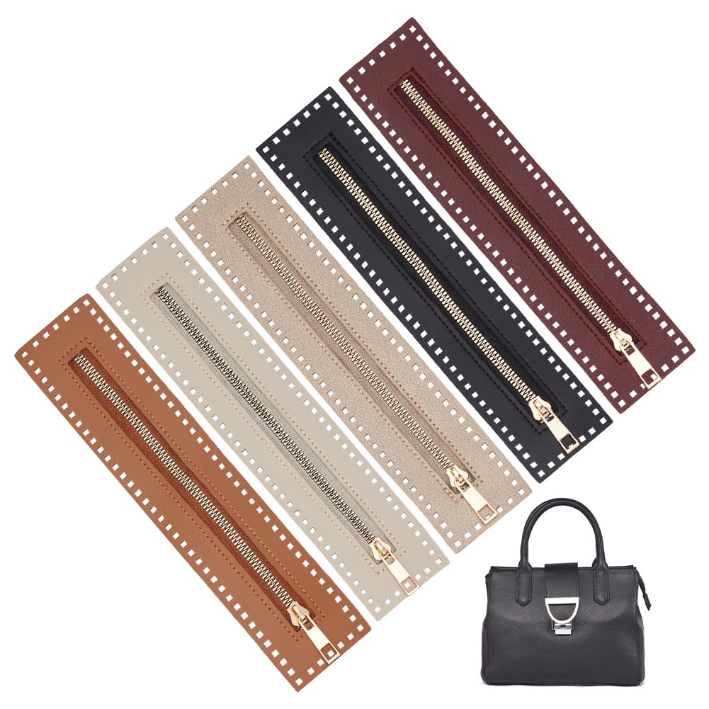 WADORN 5 Colors PU Leather Zipper, 10.6 Inch Leather Sewing Zipper Frame Handmade Bag Zippers Bulk Close End with PU Leather Frame for DIY Crochet Purse Sewing Jeans Handicraft Accessories