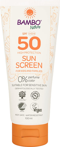 Bambo Nature Sun Cream | 100ml | Factor 50 Kids Sun Cream | Water Resistant Sun Cream SPF 50 | Holiday Essentials for Kids | Dermatologically Tested | Colourant & Fragrance Free