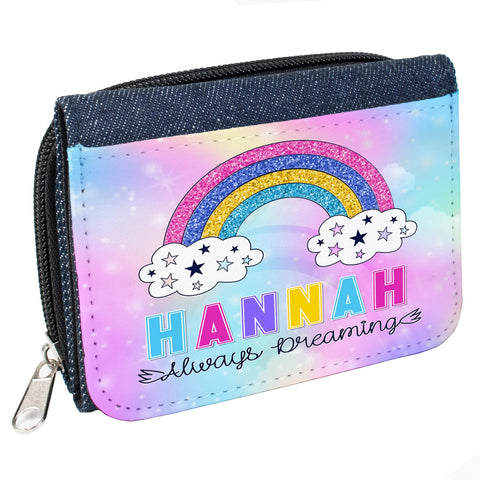 Girls Purse Rainbow Personalised Pretty Glitter Childrens Denim Coin Money Wallet Gift KS125