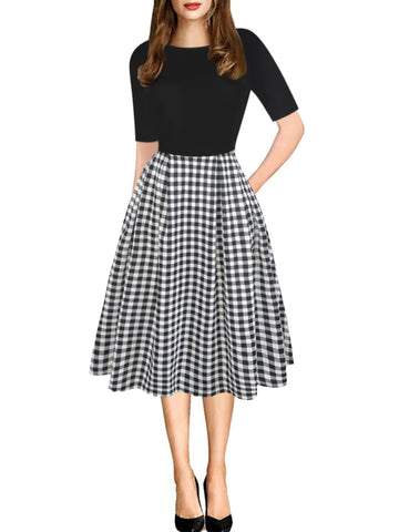 oxiuly Women's Classis Plaid Vintage Dress Fit and Flare Swing Casual Party Dresses with Pockets OX165 (BK-xiaoPlaid, XL)