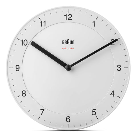 Braun Classic Radio Controlled Wall Clock For Central European Time Zone (DCF/GMT+1) with Quiet Movement, Easy To Read, 20cm Diameter in White, model BC06W-DCF.