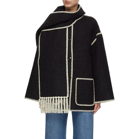 RAMOUG Women's Autumn And Winter Fashion Coat Casual Embroidery Tassel Scarf Loose Jacket With Pockets Black And White M