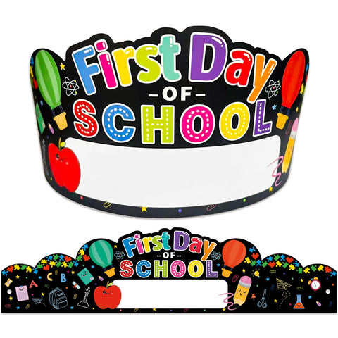 JUESMOS First Day of School Crowns Decorations 24pcs Adjustable Kids First Day of School Paper Cap Headband Gifts for Kids Students,Back to School Party Hats for First Day of Kindergarten Preschool