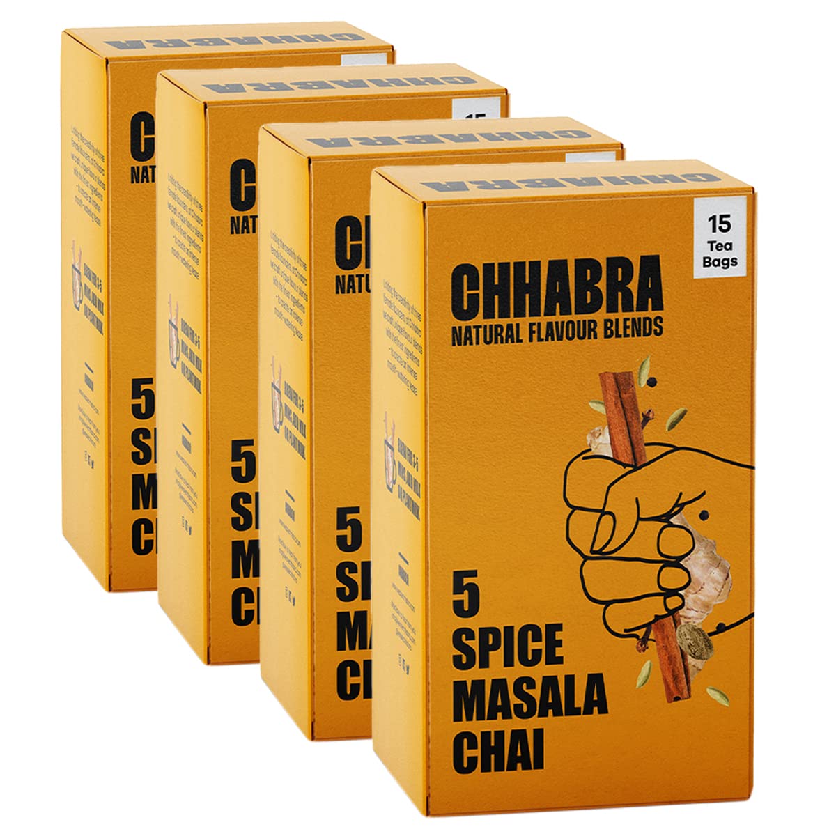 Chhabra Chai | 4-Pack 5 Spice Masala Chai | Authentic Indian Blend | Ginger, Cinnamon, Black Peppercorns, Cardamom & Nutmeg | 60 Premium Tea Bags
