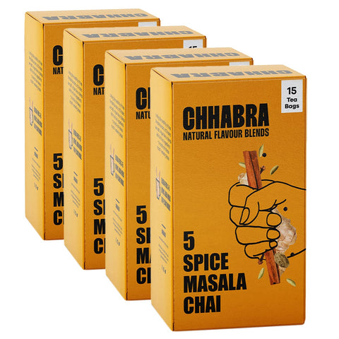 Chhabra Chai | 4-Pack 5 Spice Masala Chai | Authentic Indian Blend | Ginger, Cinnamon, Black Peppercorns, Cardamom & Nutmeg | 60 Premium Tea Bags