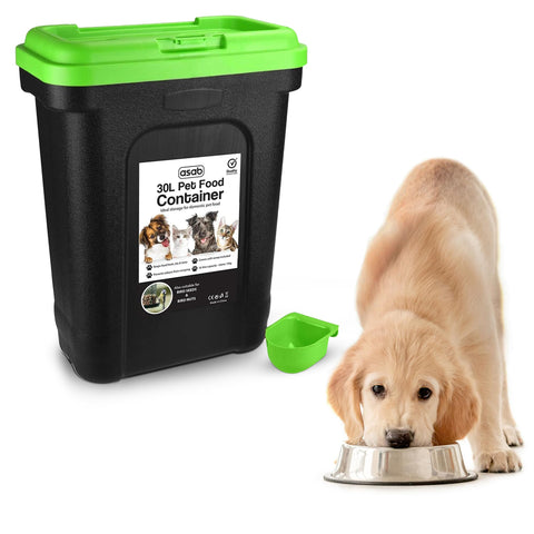 ASAB Pet Food Storage Container Large 30L/15kg Plastic Food Storage Container With Integrated Food Scoop and Flip Top Locking System Perfect for Dog Treats Dog Food and Kitten Food (Green, Large)