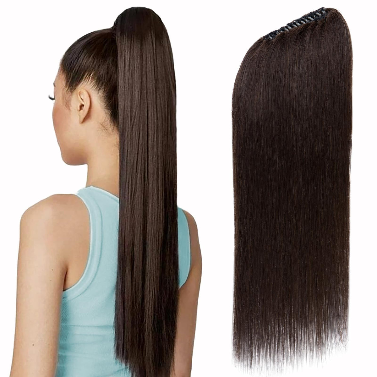 SEGOHAIR Claw Clip Ponytail Hair Extensions Human Hair, 16 Inch Ponytail Extension Natural Real Hair Straight Remy Hair Extensions-Darkest Brown(115g?