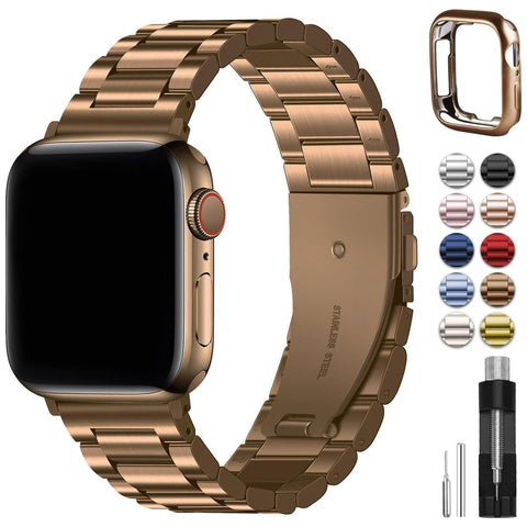 Fullmosa Compatible with Apple Watch Straps Series 9 8 7 45mm Ultra 49mm Series 6 SE/SE2 5 4 44mm Series 3 42mm Metal Stainless Steel Replacement iWatch Bands, Gold and Coffee & Protective Casee