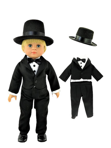 American Fashion BoyÃƒÂ¢Ã¢â€šÂ¬Ã¢â€žÂ¢s Black Tuxedo with Hat made for 18 inch dolls compatible with American Girl Dolls