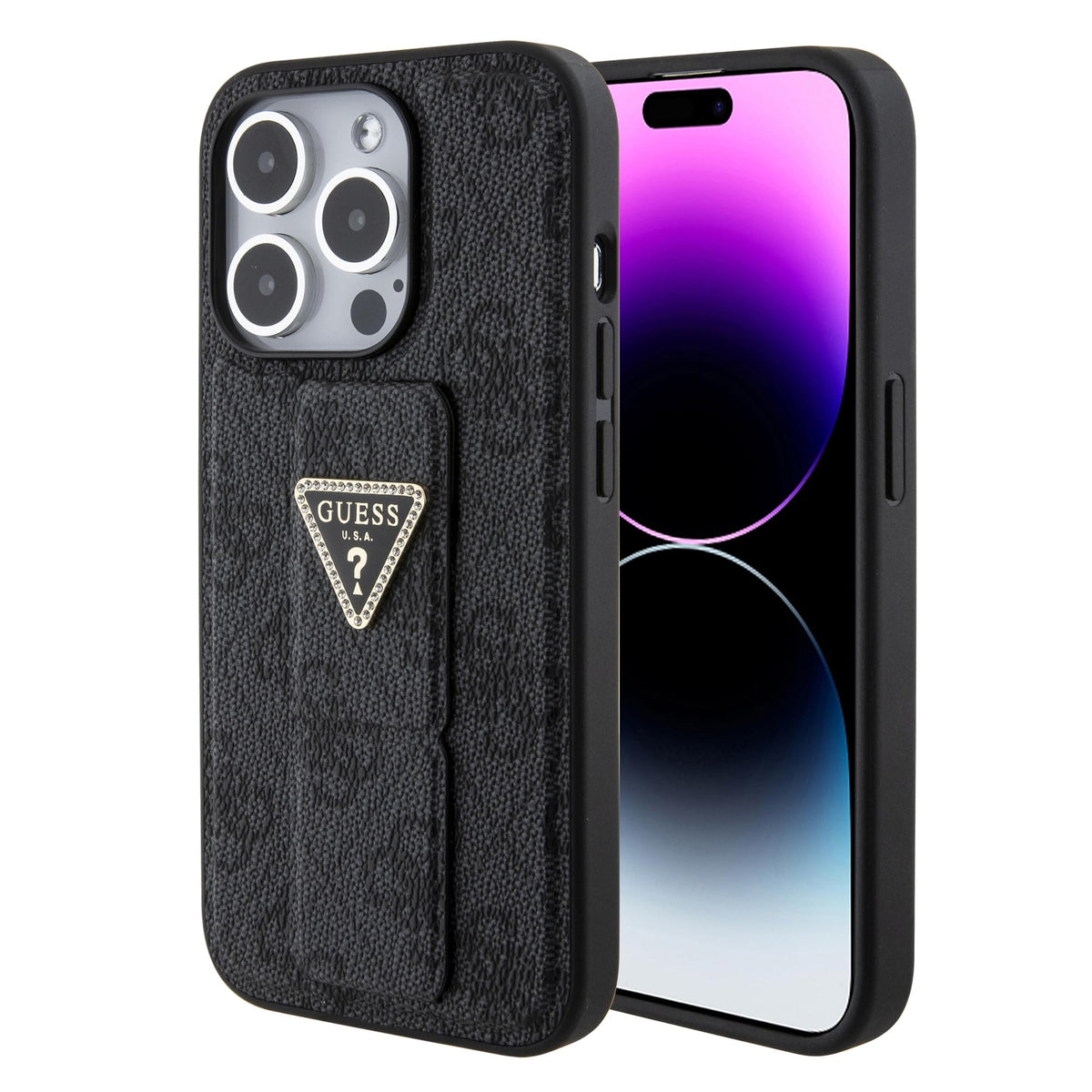 CG MOBILE Guess iPhone 15 Pro Max Case [Official License] by CG Mobile | Grip Stand Case with PU 4G Triangle Rhinestone | Protective Case/Cover Designed for iPhone 15 Pro Max (6.7 Inch) 2023 - Black