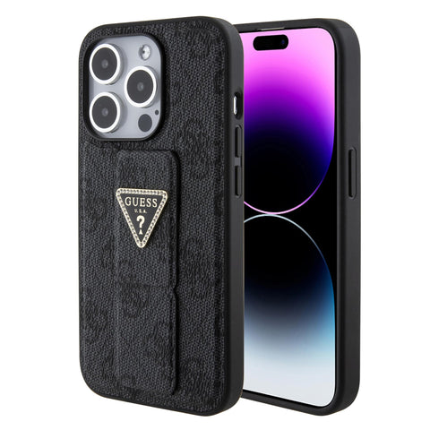CG MOBILE Guess iPhone 15 Pro Max Case [Official License] by CG Mobile | Grip Stand Case with PU 4G Triangle Rhinestone | Protective Case/Cover Designed for iPhone 15 Pro Max (6.7 Inch) 2023 - Black