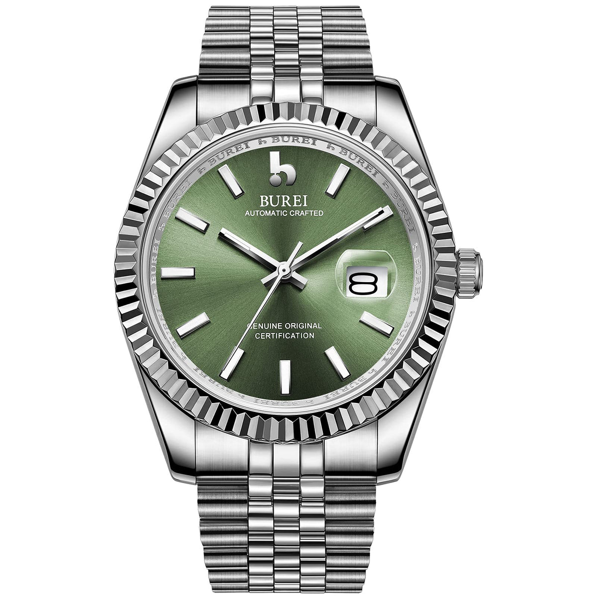 BUREI Men's Automatic Watch Elegant Model Classic Design Calendar Window Synthetic Sapphire Glass Stainless Steel Band