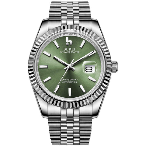 BUREI Men's Automatic Watch Elegant Model Classic Design Calendar Window Synthetic Sapphire Glass Stainless Steel Band