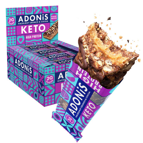 Adonis Hazelnut Crunch & Cocoa High Protein Keto Bars (16x45g) | Vegan & Keto-Friendly | 100% Natural Keto Snacks | Sugar Free, Palm Oil Free, Dairy Free | Low Sugar & Low Carb | Ideal for a Keto Diet