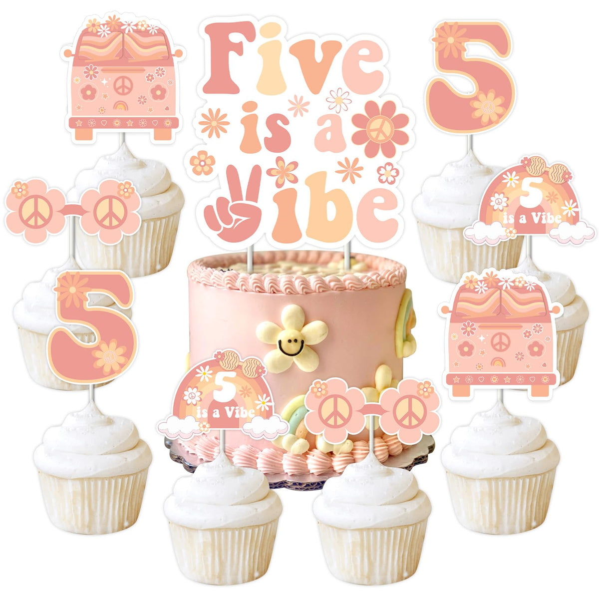 Balterever Five is a Vibe Birthday Cake Cupcake Toppers Five is a Vibe Birthday Party Decorations Groovy 5th Birthday Party Decorations for Hippie Groovy Party Supplies