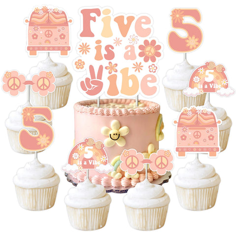 Balterever Five is a Vibe Birthday Cake Cupcake Toppers Five is a Vibe Birthday Party Decorations Groovy 5th Birthday Party Decorations for Hippie Groovy Party Supplies