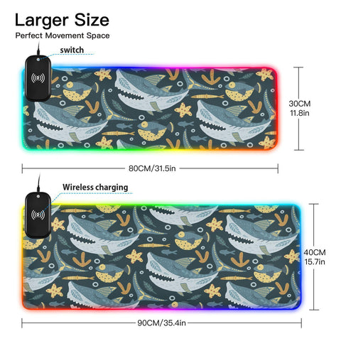 Funny Shark Fish Wireless Charging Mouse Pad for Mobile Phone Extra Large Gaming Mousepad with 13 Lighting Modes Mouse Mat for Gaming MacBook PC Laptop Desk Home Office
