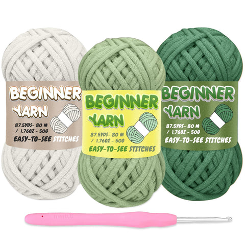 3 Pack Beginners Crochet Yarn, Cream White Sage Green Christmas Green Yarn for Crocheting Knitting Beginners, Easy-to-See Stitches, Chunky Thick Bulky Cotton Soft Yarn for Crocheting (3x50g)