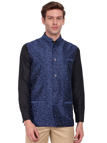 SKAVIJ Men's Casual Nehru Jacket Business Vests Lightweight Waistcoat Slim Fit Suit Vest (Printed Blue, L)