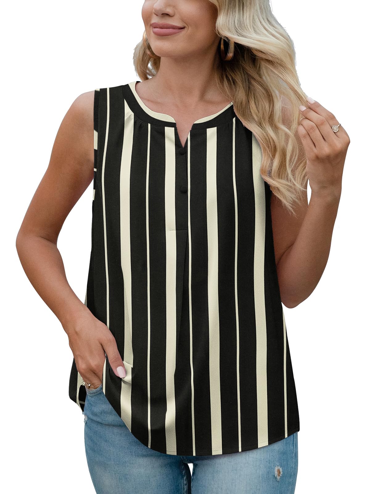 QUEZHU Women's Summer Tops 2024 Dressy Casual Sleeveless Chiffon Tank Tops and Blouses Flowy Work Blouse,B Black Stripe,Small