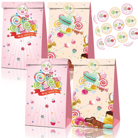 NA Candyland Party Favor Bags 12 Pack Candy Land Party Bags Lollipop Themed Party Bags with Stickers for Sweet Candy Theme Birthday Party Baby Shower Supplies