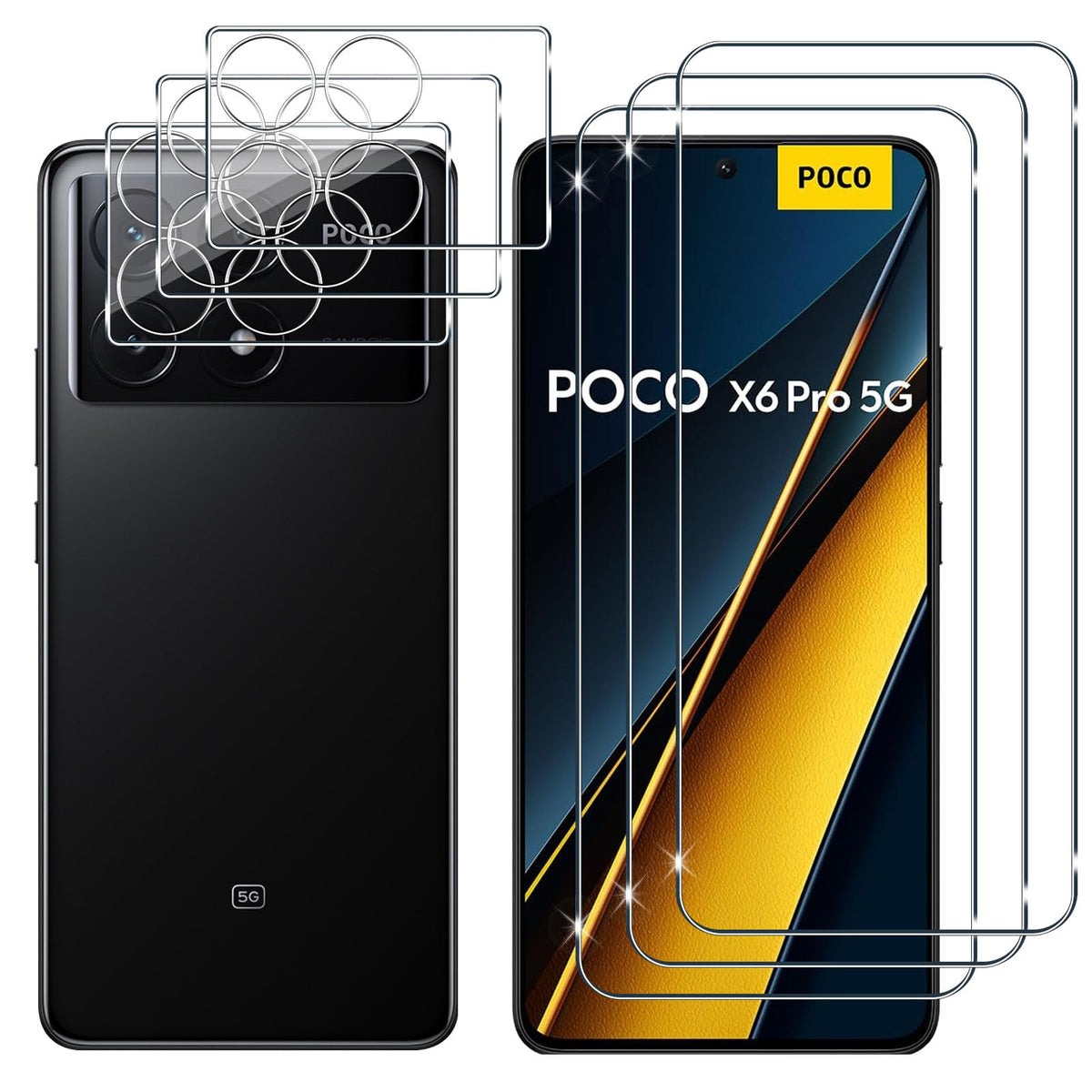 Lutree Tempered Glass Screen Protector for Xiaomi Poco X6 Pro, Pack of 3 and 3 Protective Glass and Camera Protection, 9H Hardness HD Screen Protector, Anti-Scratch, Bubble-Free Screen Protector