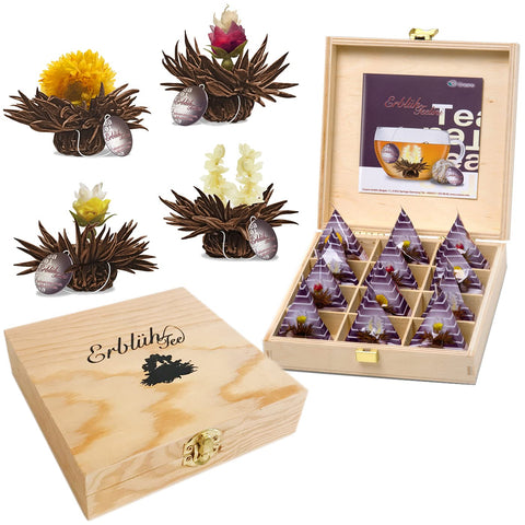 Creano AbloomTealini Teaflowers in cup format, gift set in wooden teabox, 12 Flowers in 4 varieties (Black Tea)