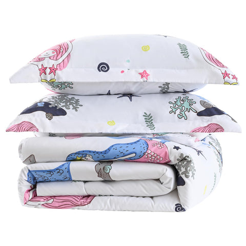 Yibeizi Mermaid Comforter Set for Girls Twin, Kids Cute Ocean Printed Bedding Set with Pillow Sham, Lightweight Soft Breathable Machine Washable Quilted Bed Comforter Set 2 Piece
