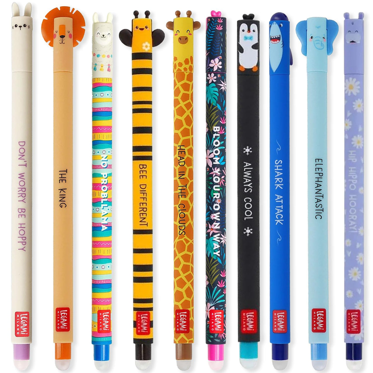 LEGAMI - Set of 10 Erasable Gel Pens with Thermosensitive Erase Ink, Range of ink colours & barrel designs, 0.7mm Tip