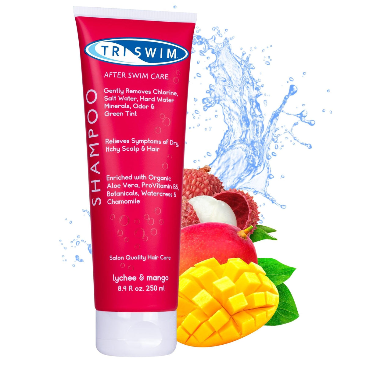 TRISWIM Chlorine Removal Shampoo | After Swim Care | Moisturising Anti-Chlorine Vegan Shampoo For Swimmers | Removes Green Tint | Lychee & Mango (250ml)