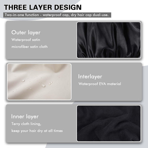 Fentar Shower Cap, Triple Layer Shower Cap for Women, Waterproof Shower Cap with Microfiber Liner, Practical Bathing Accessories, Soft Hair Wrap, Reusable Large Shower Cap for Long Hair (Black)