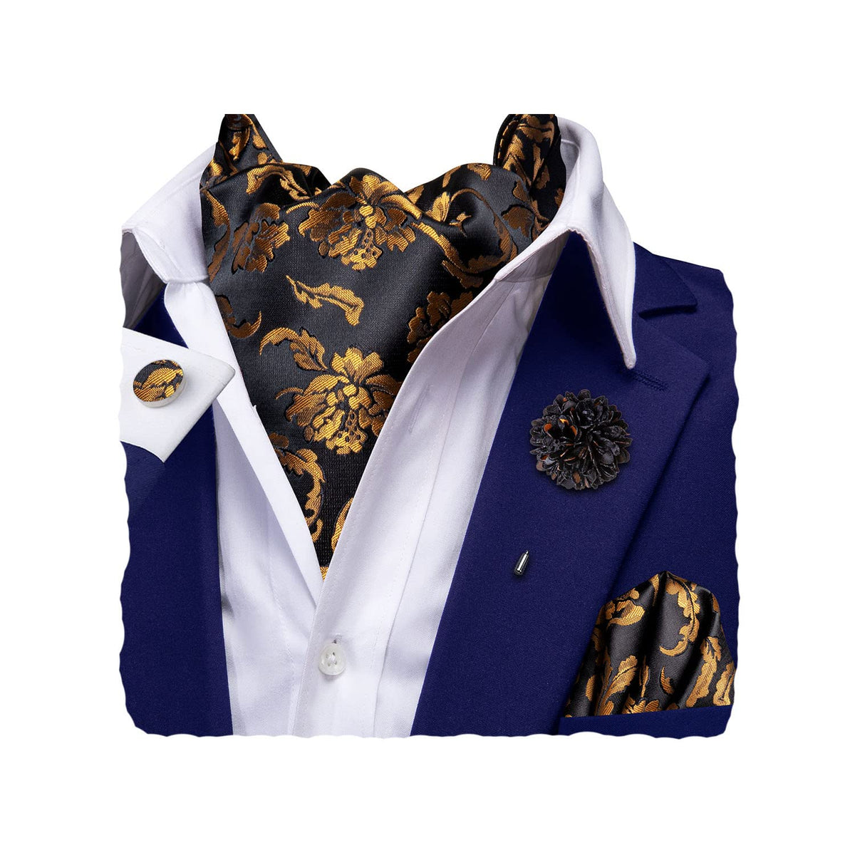 Hi-Tie Men's Cravat And Flower Lapel Pin Set Jacquard Silk Ascot Handkerchief Cufflinks For Wedding Party Daily Dress,Black and Gold Flower