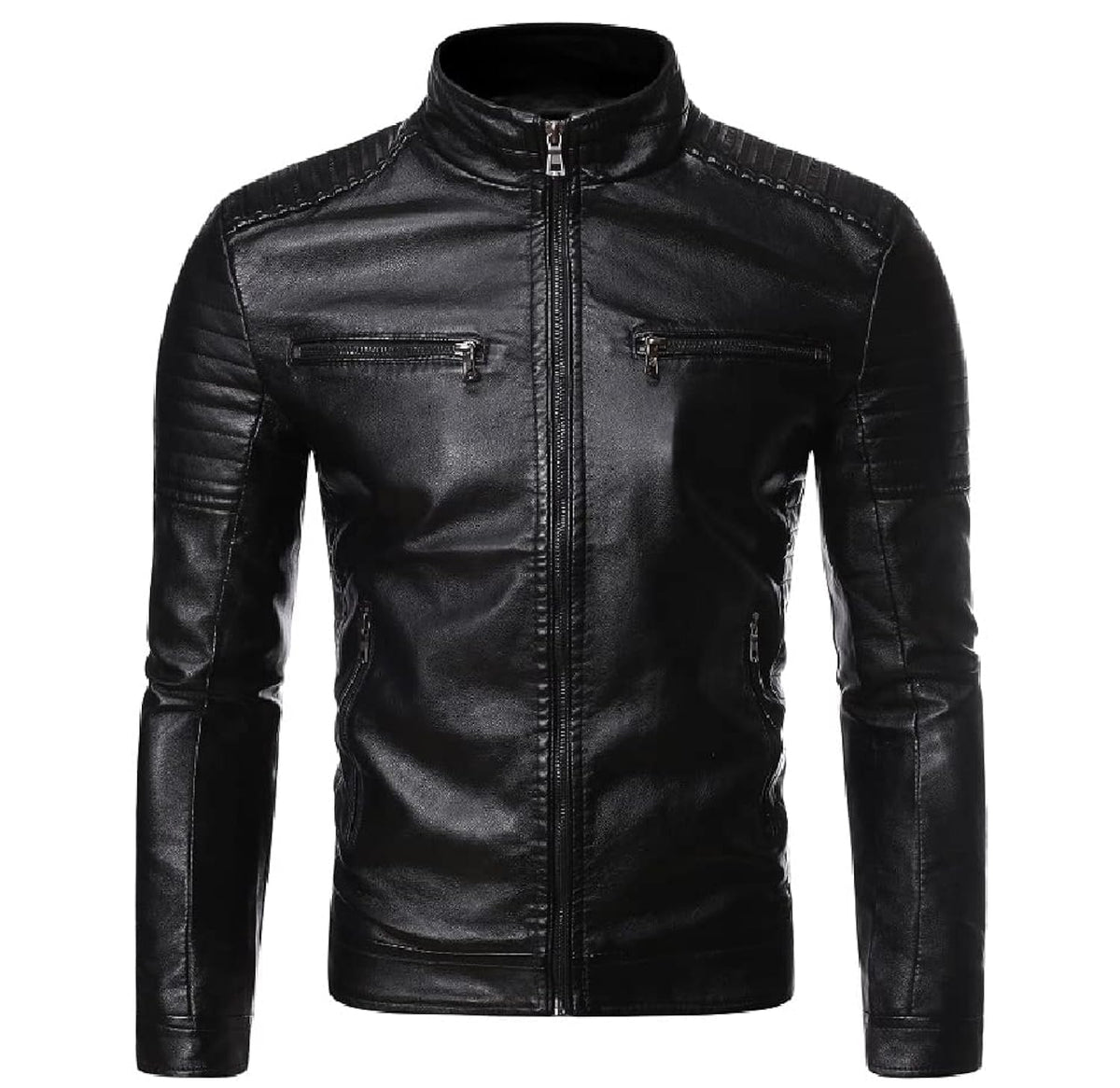 HASHOOB TRADING FZE Men's Polyurethan Leather Jacket PU Faux Leather Jacket Casual Zip Up Biker Outwear Leather Jackets Motorcycle Jacket Warm Casual Coat for Autumn & Winter (BLACK-1, XXL)