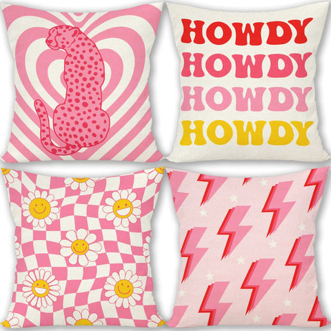 FARMNALL Linen Preppy Decorations Throw Preppy Pillow Covers 18x18 Set of 4 Preppy Room Decor Pillow Preppy Stuff Tiktok Decorations and Supplies for School Home Office