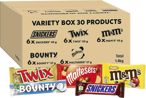 M&Ms, Snickers & More, Mixed Chocolate Bar Variety Bulk Box, Chocolate Gift, 30 Bars, 1.4kg