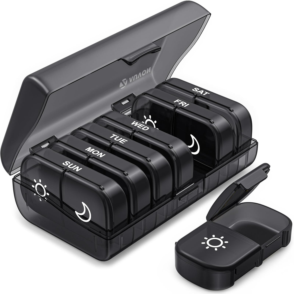 AUVON Pill Box Organiser, XL Weekly Pill Box 7 Day 2 Times a Day with One-Side Large Opening Design for Easy Filling, Tablet Organiser with Black Privacy Protection for Medication/Vitamins/Fish Oils