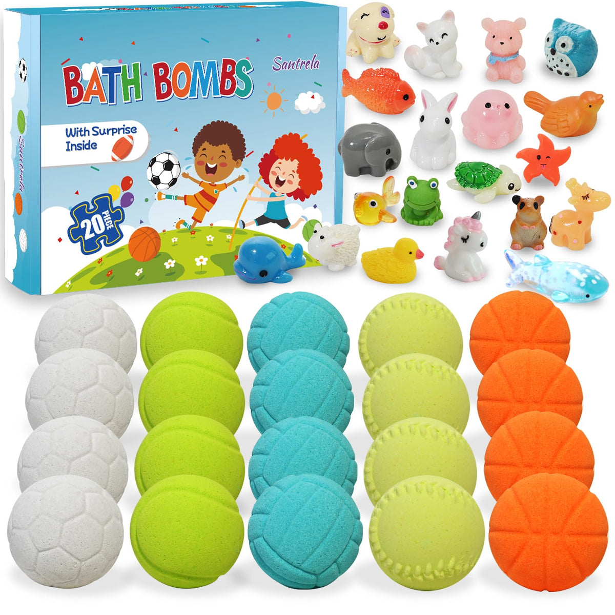 Bath Bombs for Kids with Surprise Inside - 20 Pack Sporty Bath Bombs Gift Set for Boys Girls, Handmade Bubble Bath Fizzies Balls Kit Sports Prizes with Toys, Easter Basket Stuffers for Kids Easter Egg