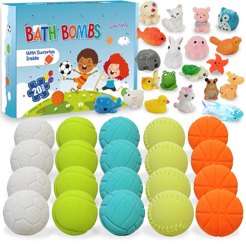 Bath Bombs for Kids with Surprise Inside - 20 Pack Sporty Bath Bombs Gift Set for Boys Girls, Handmade Bubble Bath Fizzies Balls Kit Sports Prizes with Toys, Easter Basket Stuffers for Kids Easter Egg