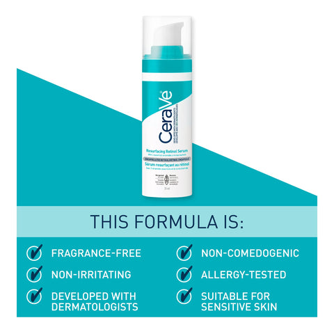 CeraVe Resurfacing RETINOL Serum For Face with niacinamide. Helps even skin tone, skin smoothness, post-acne marks & pore minimizer. Gentle, Fragrance-free, non-comedogenic, sensitive skin, 30ML