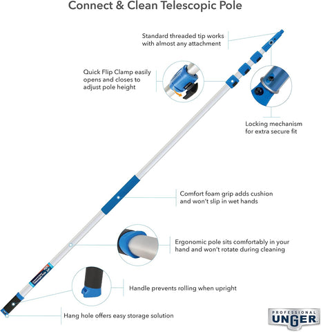Unger Professional Connect & Clean 7Ã¢â‚¬â„¢-24Ã¢â‚¬â„¢ Aluminum Telescopic Extension Pole with Locking Cone & Quick-Flip Clamp Ã¢â‚¬â€œ Compatible with Cleaning Tool Attachments, Window Cleaning & Dusting Tool