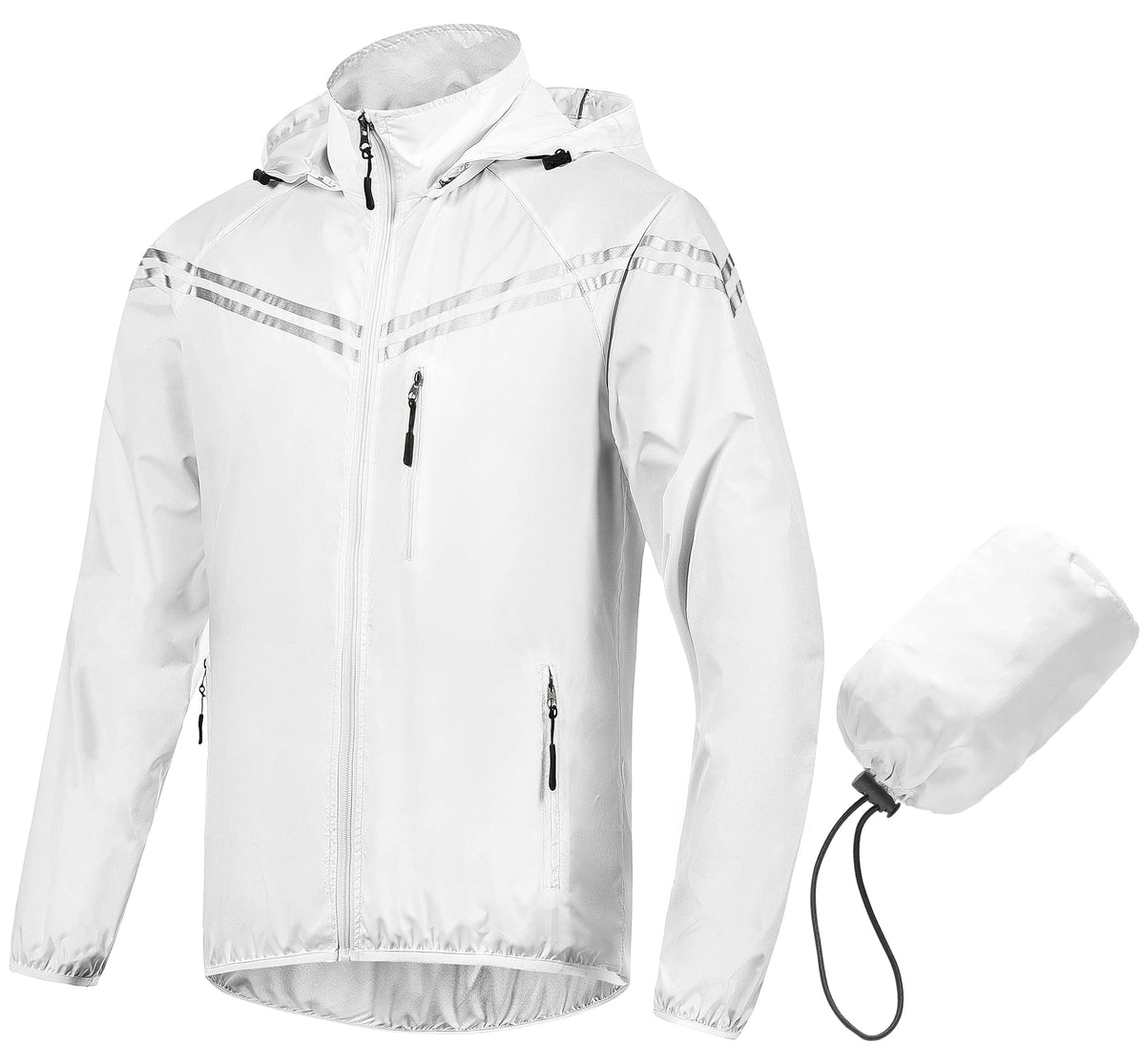 CREATMO US Men's Rain Hooded Jacket Waterproof Running Windbreaker Packable Hooded Zippered Outdoor Raincoat White L