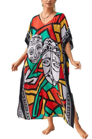 YouKD Maxi Dress V-Neck Kaftan Boho Robes Beach Cover-ups Dress Roomy Gowns for Women