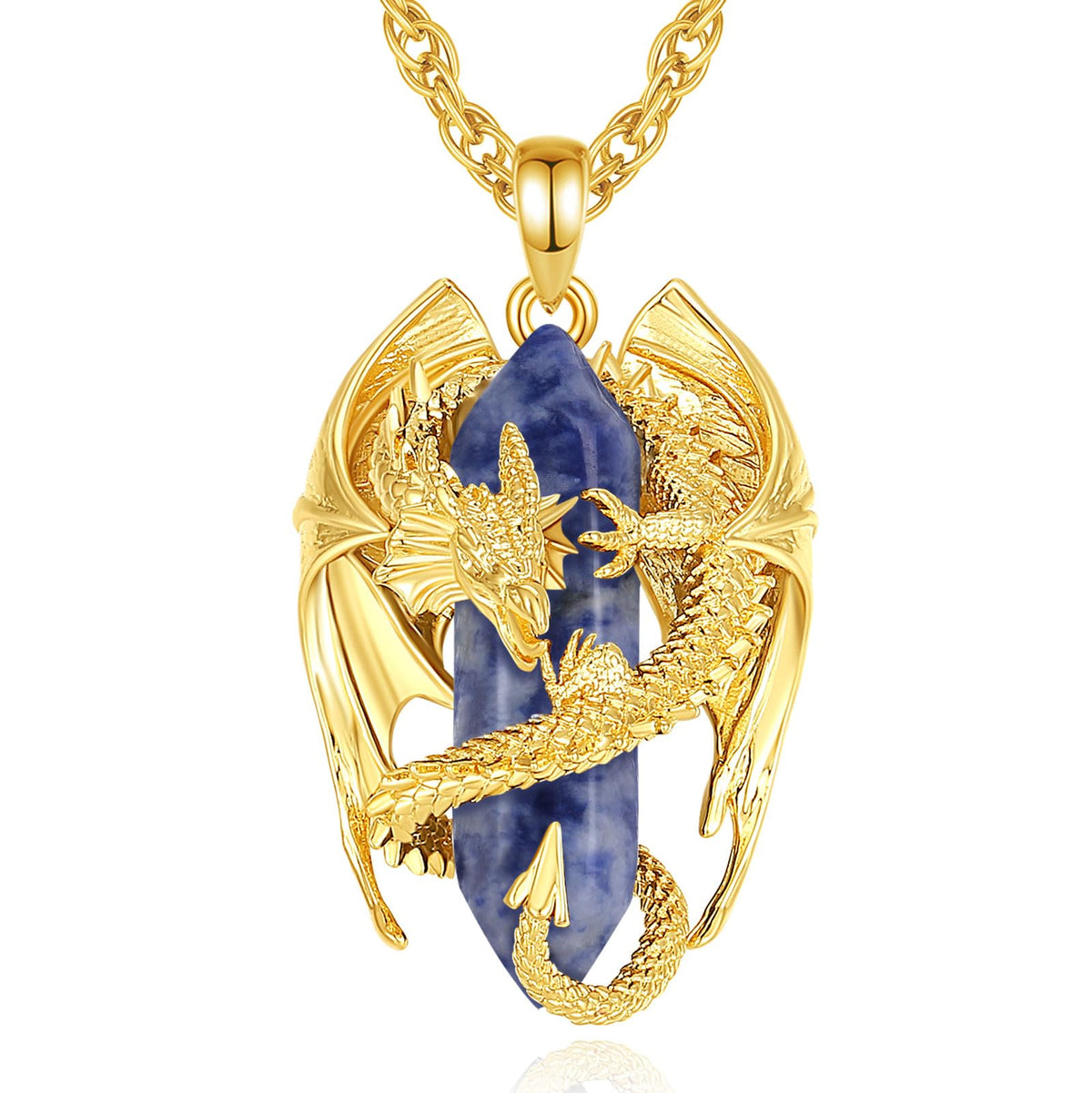 INFUSEU Crystal Dragon Necklace, Nordic Bluestone Crystal 18K Gold Dragon Pendant Hexagonal Crystal Pendant Healing Gothic Jewelry Natural Crystal Gift for Men and Women