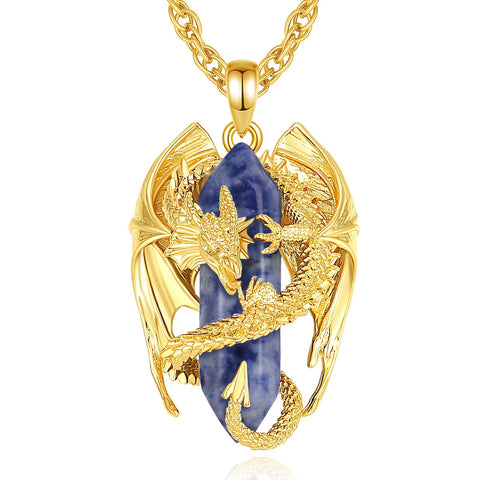 INFUSEU Crystal Dragon Necklace, Nordic Bluestone Crystal 18K Gold Dragon Pendant Hexagonal Crystal Pendant Healing Gothic Jewelry Natural Crystal Gift for Men and Women