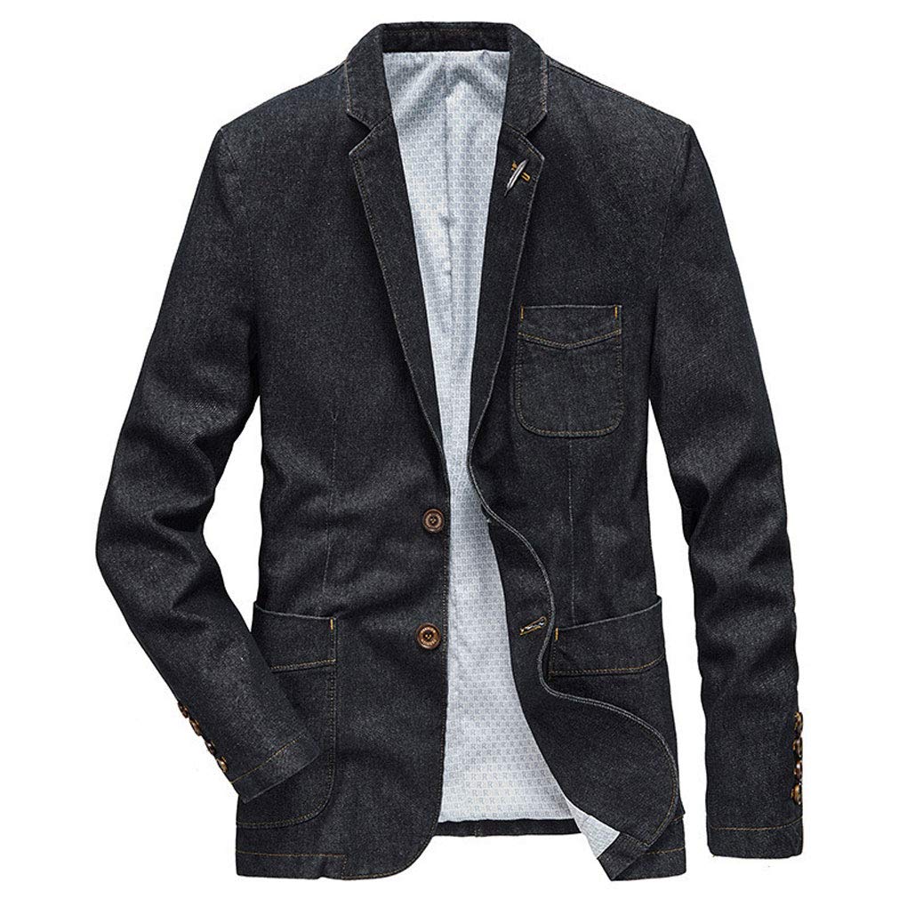ebossy Men's Casual Slim Denim Blazer Two Button Business Suit Jacket Sport Coat (Large, Black)