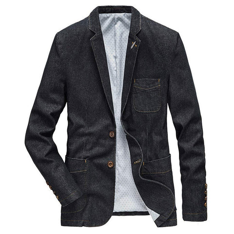 ebossy Men's Casual Slim Denim Blazer Two Button Business Suit Jacket Sport Coat (Large, Black)