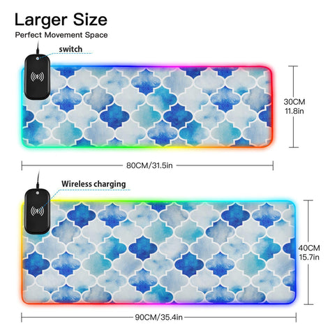 Blue Moroccan Tile Wireless Charging Mouse Pad for Mobile Phone Extra Large Gaming Mousepad with 13 Lighting Modes Extended Desk Mat for Gaming MacBook PC Laptop Desk Office Home